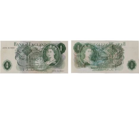British Banknotes, Misprints and Erros, J. Q. Hollom, one pound, 1963-66, J25S 319997, mirror image with Royal portrait and u
