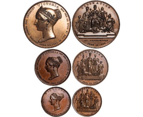 British Medals, Victoria, Coronation 1838, a set of three copper medals, by (?) W. J. Taylor or J. Davis, unsigned, diademed 