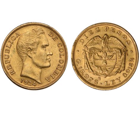 G Foreign Coins, Colombia, Republic, 10 pesos, 1924B, bare head of Bolivar r., rev. shield of arms (KM.202; Fr.112), good ver