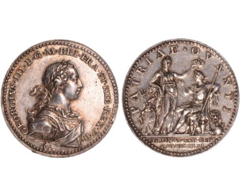 British Medals, George III, Coronation 1761, the official silver medal, by Lorenz Natter, laureate and armoured bust r., plai