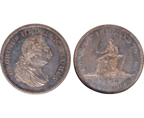 Ireland, George III, Bank of Ireland, proof six shillings or dollar, 1804, laur. bust r., top leaf points to right side of E 
