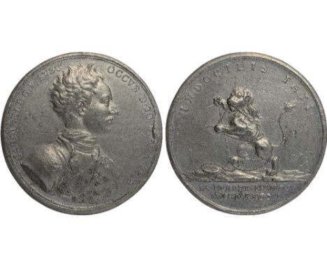 Foreign Medals, Sweden, Charles XII (1682-1697-1718), Death at the Siege of Fredriksten, white metal medal, 1718, by Johann C