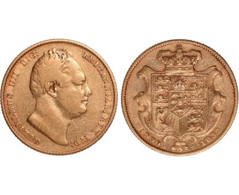 G British Coins, William IV, sovereign, 1837, bare head r., rev. crowned shield of arms (S.3829B), fine