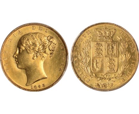 British Coins, Victoria, sovereign, 1843, ‘narrow shield’, young head l., rev. crowned shield of arms within wreath (S.3852B;