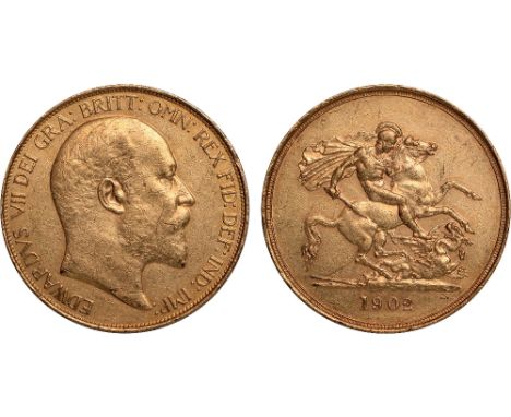G British Coins, Edward VII, five pounds, 1902, bare head r., rev. St. George and the dragon (S.3965), scuffed, about extreme