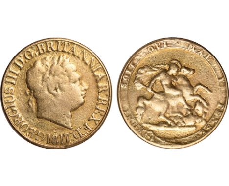 G British Coins, George III, sovereign, 1817, laur. head r., rev. St. George and the dragon (S.3785), ex mount, fair to fine