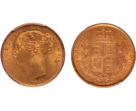 British Coins, Victoria, sovereign, 1851, young head l., engraver’s initials W.W. in relief, rev. crowned shield of arms with