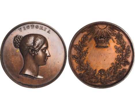 British Medals, Victoria, Coronation 1838, copper medal, by W. J. Taylor, bust r., hair in chignon, VICTORIA, rev. radiant cr