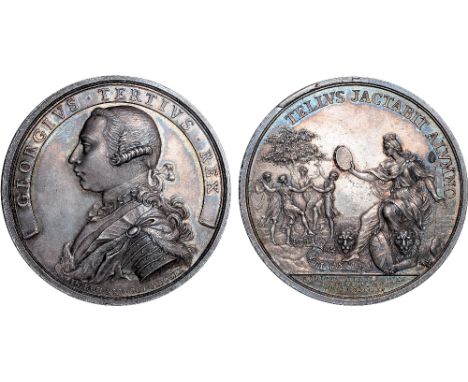 British Medals, George III, Accession 1760, silver medal, by Thomas Pingo, armoured bust l., legend on ribband, GEORGIVS TERT