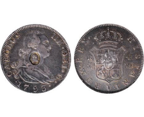 British Coins, George III, half dollar, oval countermark on portrait 4 reales of Charles IV, 1793MF, Madrid (S.3767; ESC.611;