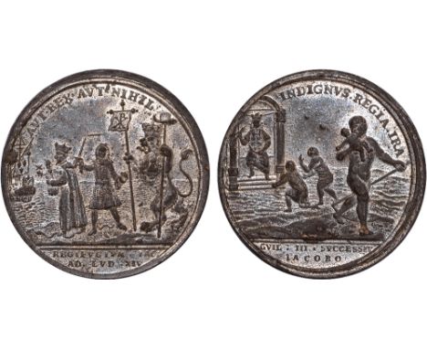 British Medals, William & Mary, Coronation 1689, white metal medal, believed by Christian Wermuth, Belgic Lion drives away Ja