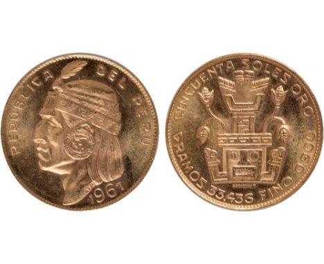 G Foreign Coins, Peru, Republic, 50 soles, 1967, head of Inca chief l., rev. Inca emblems (KM.219; Fr.77), certified and grad