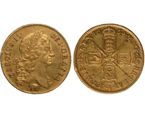 British Coins, Charles II, two guineas, 1664, first laur. bust r., elephant below, rev. crowned cruciform shields, sceptres i