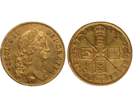 British Coins, Charles II, two guineas, 1664, first laur. bust r., elephant below, rev. crowned cruciform shields, sceptres i