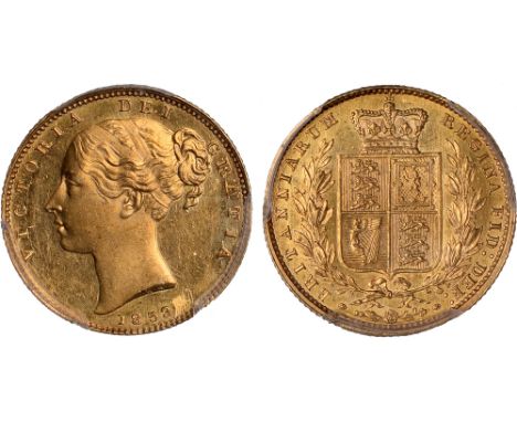 British Coins, Victoria, proof sovereign, 1853, young head l., WW incuse, rev. crowned shield of arms within wreath (S.3852D;