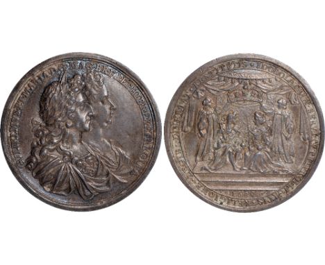 British Medals, William and Mary, Coronation 1689, cast silver medal, by George Bower, conjoined busts r., he laureate and in