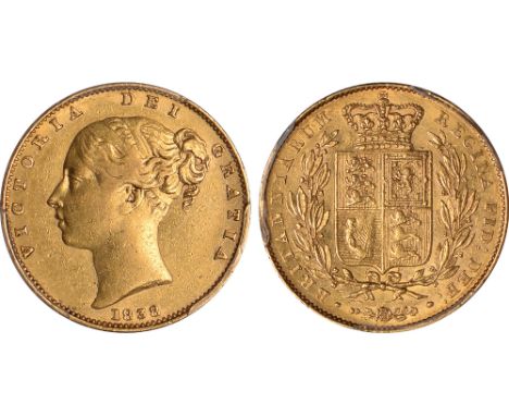 British Coins, Victoria, sovereign, 1838, ‘narrow shield’ variety, young head l., rev. crowned shield of arms within wreath (