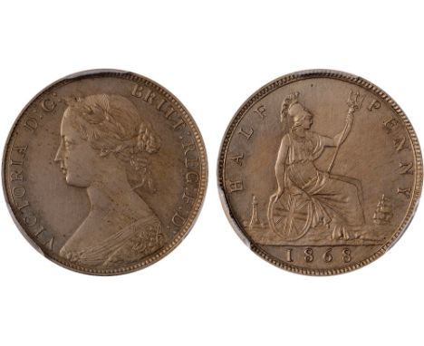 British Coins, Victoria, pattern halfpenny, 1868, in cupro-nickel, young head l., rev. Britannia std. r. with shield and trid