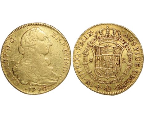 Foreign Coins, Chile, Carlos IV, 8 escudos, 1790DA, Santiago, bust r., rev. crowned shield of arms within Order chain (KM.42;