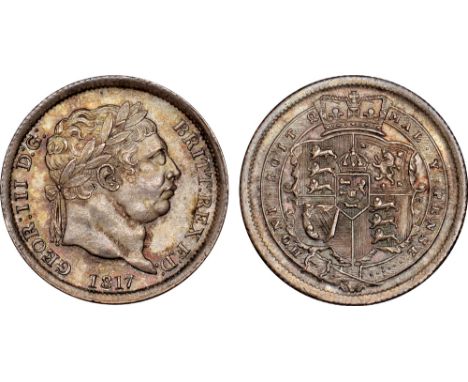 British Coins, George III, shilling, 1817, flaw in obverse legend - R for B in BRITT, laur. head r., rev. crowned shield with