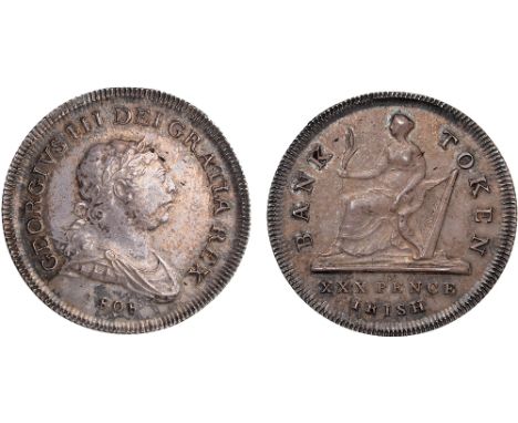 Ireland, George III, Bank of Ireland, 30 pence token, 1808, laur. and dr. bust r., rev. Hibernia seated l., harp points to O 