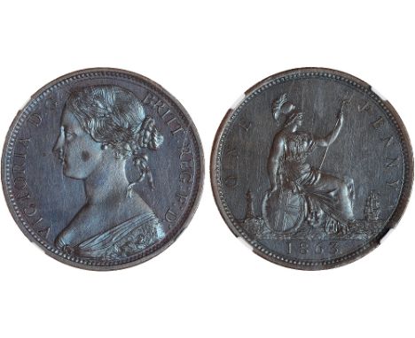 British Coins, Victoria, proof penny, 1863, young bust l., rev. Britannia std. r., with shield and trident (S.3954), small sp