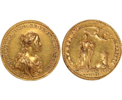 British Medals, George III: Queen Charlotte, Coronation 1761, the official medal, in gilt-copper, by Lorenz Natter, draped bu