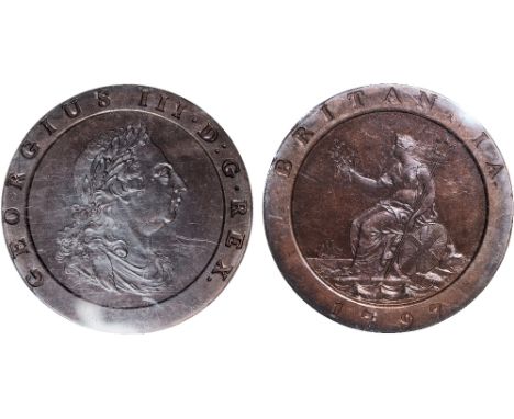 British Coins, George III, proof twopence, 1797, struck in bronzed copper, late Soho, laur. and dr. bust r., K.:, on shoulder