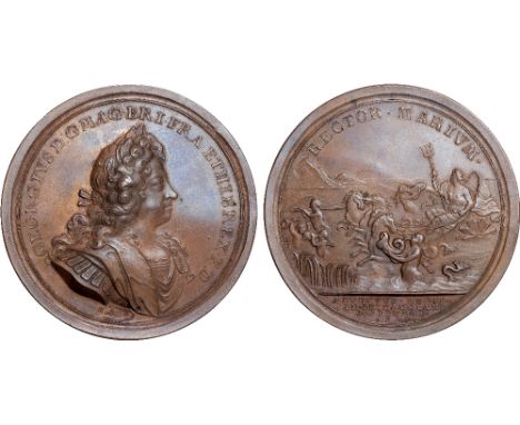 British Medals, George I, Arrival in England, 1714, large copper medal, by John Croker, laureate and armoured bust r., GEORGI