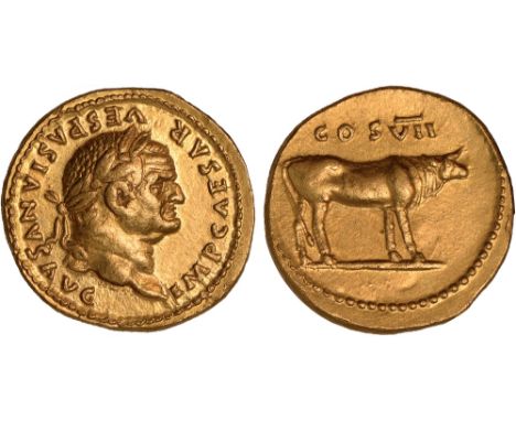 Ancient Coins, Roman, Vespasian (AD 69-79), aureus, IMP CAESAR VESPASIANVS AVG, laur. head r., rev. COS VII, bull standing r.