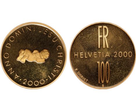World Coins, Switzerland, proof 100 francs, 2000B, 2000 Years of Christianity, country and date divides value, rev. stylised 