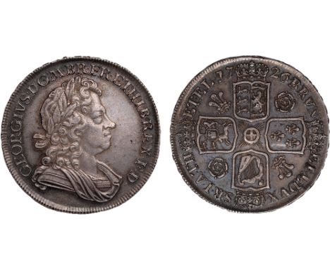 British Coins, George I, crown, 1726, TERTIO, roses and plumes, laur. bust r., rev. crowned cruciform shields, small roses an