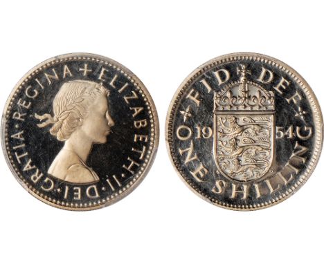 British Coins, Elizabeth II, VIP proof shilling, 1954, ‘English’ reverse, laur. head r., rev. crowned shield of arms (S.4147;