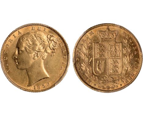 British Coins, Victoria, sovereign, 1859, Ansell, broken 5 in date, young head l., rev. crowned shield of arms within wreath 