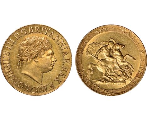 British Coins, George III, sovereign, 1820, large date, open 2, laur. head r., rev. St. George and the dragon (S.3785C), abou