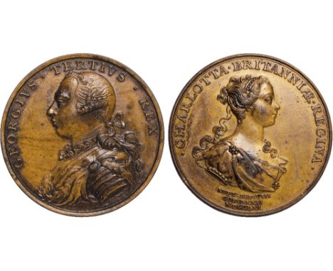 British Medals, George III and Queen Charlotte, Marriage and Coronation 1761, copper/bronze medal, by Thomas Pingo, draped an