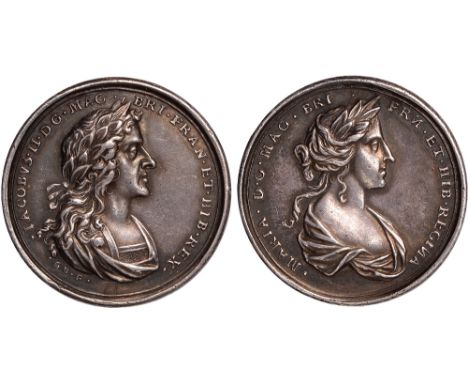 British Medals, James II and Mary of Modena, Coronation 1685, small silver complimentary medal, by George Bower, bust of each