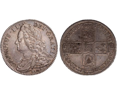 British Coins, George II, halfcrown, 1746, D. NONO, LIMA, old laur. and dr. bust l., LIMA below, rev. crowned cruciform shiel