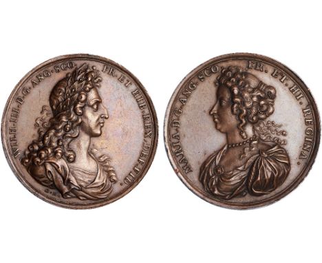 British Medals, William & Mary, Coronation 1689, copper medal, by Georg Hautsch, laureate and draped bust of William r., WILH