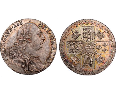 British Coins, George III, shilling, 1787, with hearts in Hanoverian shield, laur. and dr. bust r., rev. cruciform shields, c