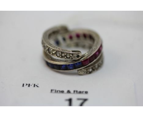 Early 20th Century, possibly platinum white, blue and red stone 'Day/Night' ring, size K