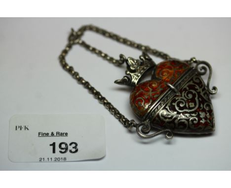 Continental enamelled white metal heart shaped pendant box with hinged lid, slight enamel loss