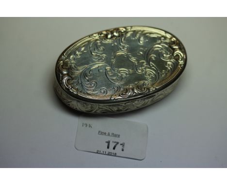 Early Victorian silver oval snuff box by CW Co, Birmingham 1849, with all over leaf scroll engraving, cast mounts and gilt in