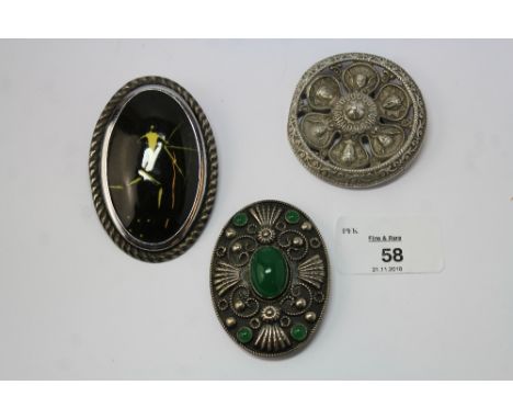 Green stone white metal brooch, white metal brooch and ceramic/white metal 'Actaeon' brooch
