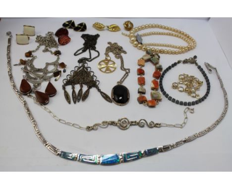 Opal and silver necklace and a quantity of silver and costume jewellery in brown leather jewellery case