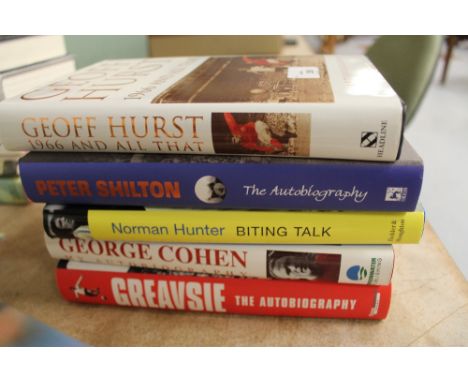 Five Football autobiographies, includingg Geoff Hurst and Peter Shilton, all signed first editions
