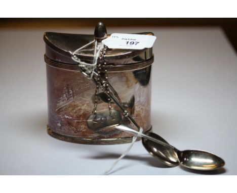 George III silver decanter label worded 'Soy', by IB(?), London 1798, a Victorian silver Officer topped teaspoon, one other s