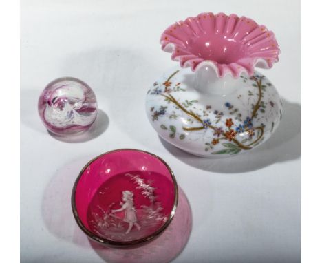 A Mary Gregory ruby dish together with a vaseline glass vase and a paperweight