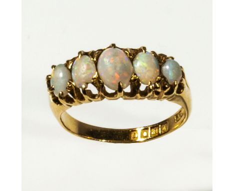 An 18ct gold five stone opal ring, size P