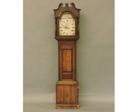 An early 19th century oak and inlaid longcase clock, the eight day movement to a painted dial with seconds and date apertures